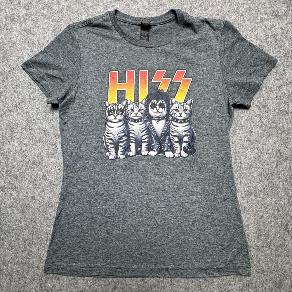 KISS Kittens Shirt Womens Medium Gray HISS Cat KISS Parody Rock Band Graphic Tee
